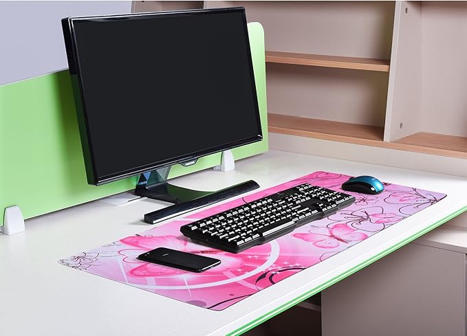 Large XXL Mat Gaming Mouse Pad Extended Full Desk Pad Pink Cute Mouse Pad with Waterproof Surface-Optimized Gaming Surface,Non-Slip Rubber Base Sticthed Edge Mousepad (35"x15.55"x0.08")-Pink Butterfly