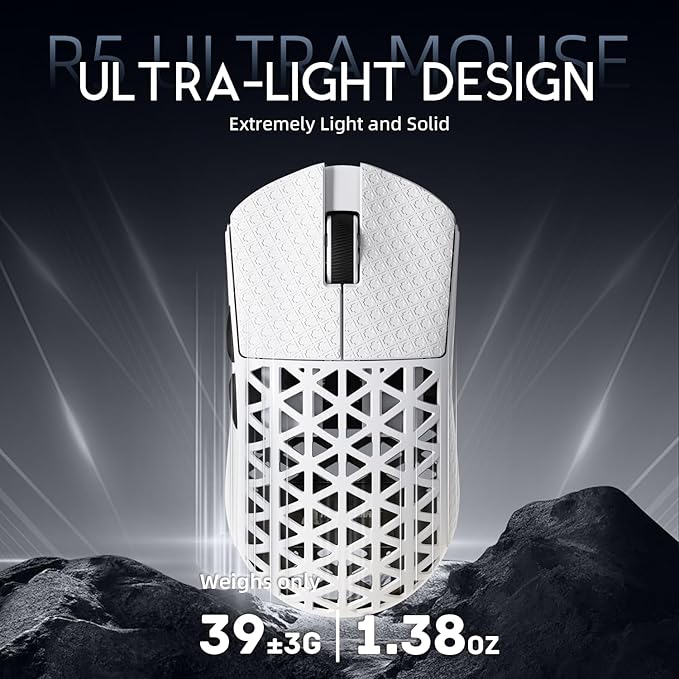 R5Ultra 8K Carbon Fiber Wireless Gaming Mouse with 42,000 DPI -PAW3950 MAX Sensor -Nordic 52840 MCU Chip-39g Ultra-Lightweight -Wired/BT/2.4GHz Wireless Programmable Mice Griptape for PC/Mac(White)