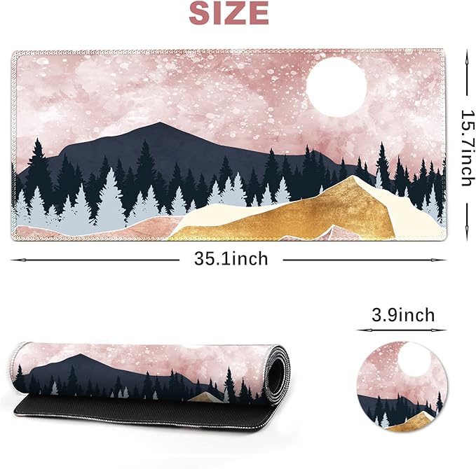 ARTSO Large Gaming Mouse Pad with Stitched Edges, XXL Extended Keyboard Mat Long Mousepad Desk Decor Writing Pad 35.1x15.7 in, Non-Slip Base for Work, Game, Office, Home, Pink Abstract Mountain