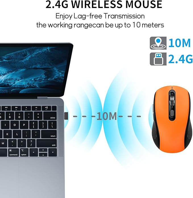 Wireless Mouse With Side Buttons Suitable for Laptops PC Chromebook Mac MacBook Silent Mouse with USB Nano Receiver 2400 DPI Anti Slip Scroll Wheel 6-Button Ergonomic Wireless Computer Mice - Orange
