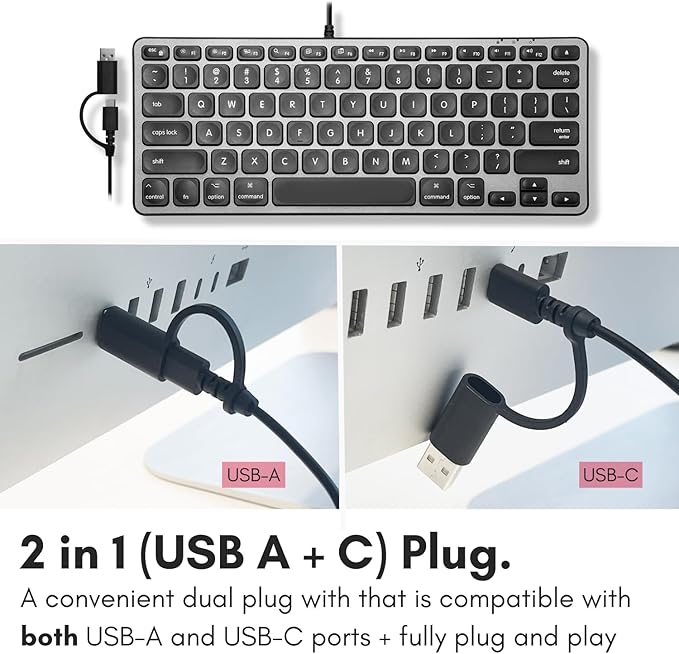 Macally Wired Keyboard for Mac with USB Hub (2X USBC / 1x USBA) - Compatible Small Apple Keyboard with 2 in 1 USB Plug - for MacBook Pro/Air, Mac mini, iMac
