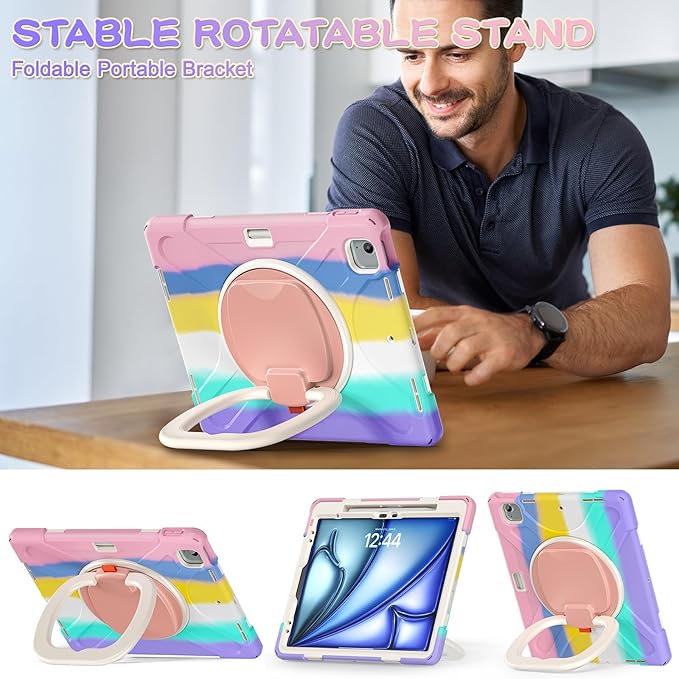 MEEgoodo Case for iPad Air 13 inch 2025 (M3) /2024 (M2) & iPad Pro 12.9 Case 6th/5th/4th/3rd Generation 2022 2021 2020 2018,Tablet Cover with Pencil Holder/Rotating Stand/Shoulder Strap,Colourful Pink | 2025 (M3), 2024 (M2), 2022 2021 2020 2018, Pencil...