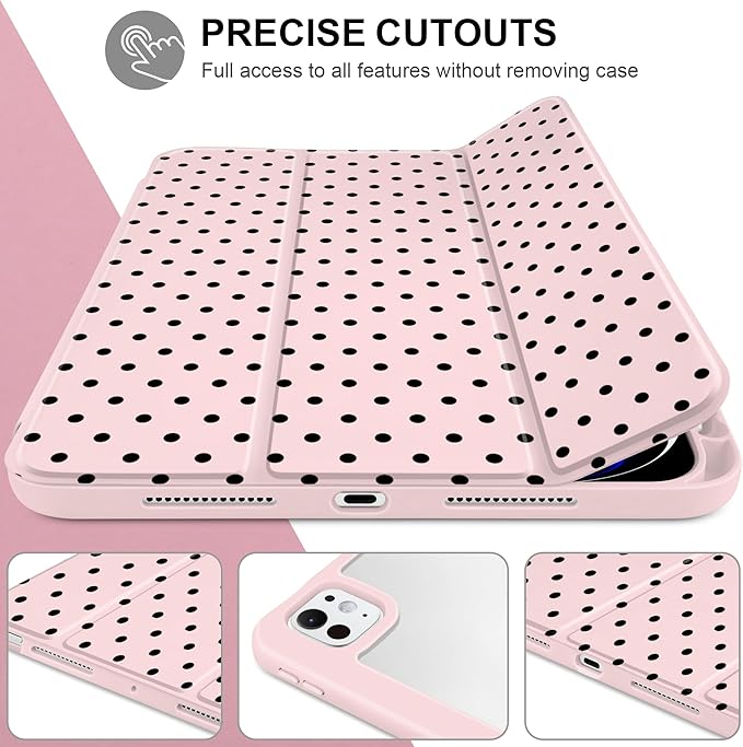 Case for iPad Pro 13 Inch (M5 2025 M4 2024) – [Built-in Pencil Holder], Shockproof & Stylish, Clear Hard Back + Soft TPU Edge, Magnetic Trifold Stand, Auto Wake/Sleep, Pink Polka dot