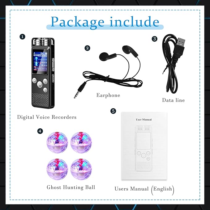 Dunzy 5 Pcs EVP Recorder Ghost Hunting Kit Paranormal Digital Voice Recorders with 4 LED Motion Activated Cat Balls Voice Activated Recorder with Playback for Paranormal Equipment(8 Gb, Chic Style)