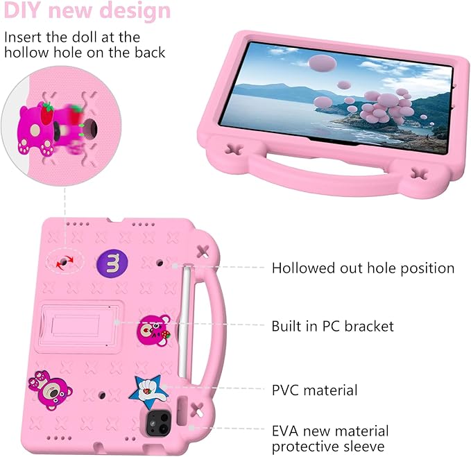 Dteck iPad Air 13"/Pro 13" 2024 M4/Pro 12.9 6th/5th/4th/3rd Gen Case - Strawberry Panda Shockproof Rugged Lightweight Convertible Stand With Handles, Kids Friendly, Pink