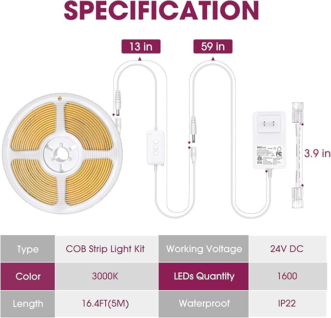 EMITEVER LED Strip Light Warm White 3000K 16.4ft,24V DC COB Dimmable Tape Lights with RF Controller,Premium High Density Power Adapter,1600LEDs Suitable for Bedroom,Kitchen Cabinets,Indoor Use