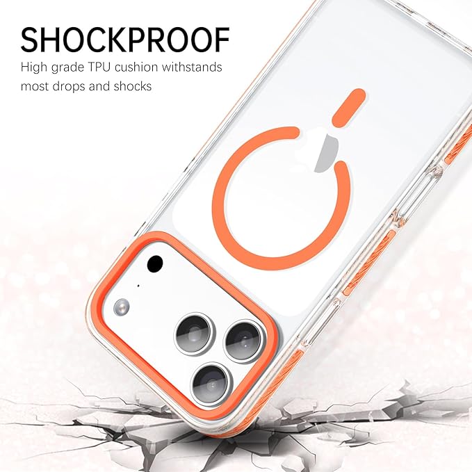 BENTOBEN Magnetic for iPhone 17 Pro Case 6.3", Compatible with Magsafe Military Shockproof Protective Cute Transparent Slim Anti-Yellowing Phone Case for iPhone 17 Pro Cover, Clear Orange