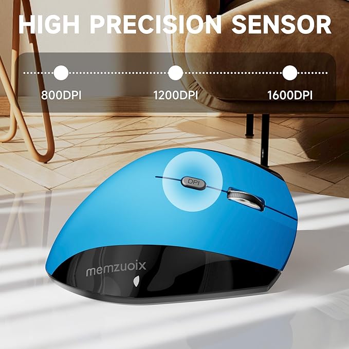 memzuoix Ergonomic Mouse Wireless,2.4G Optical Cordless Mice with 800/1200/1600 DPI,Vertical Computer Wireless Mouse for Laptop, Mac,PC,Desktop (for Right Hand, Large),Blue