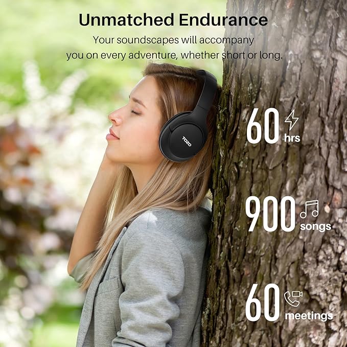 TOZO Hybrid Active Noise Cancelling Headphones, Wireless Over Ear Bluetooth Headset, 60H Playtime, Hi-Res Audio Custom EQ via App Deep Bass Comfort Fit Ear Cups, for Home Office Travel