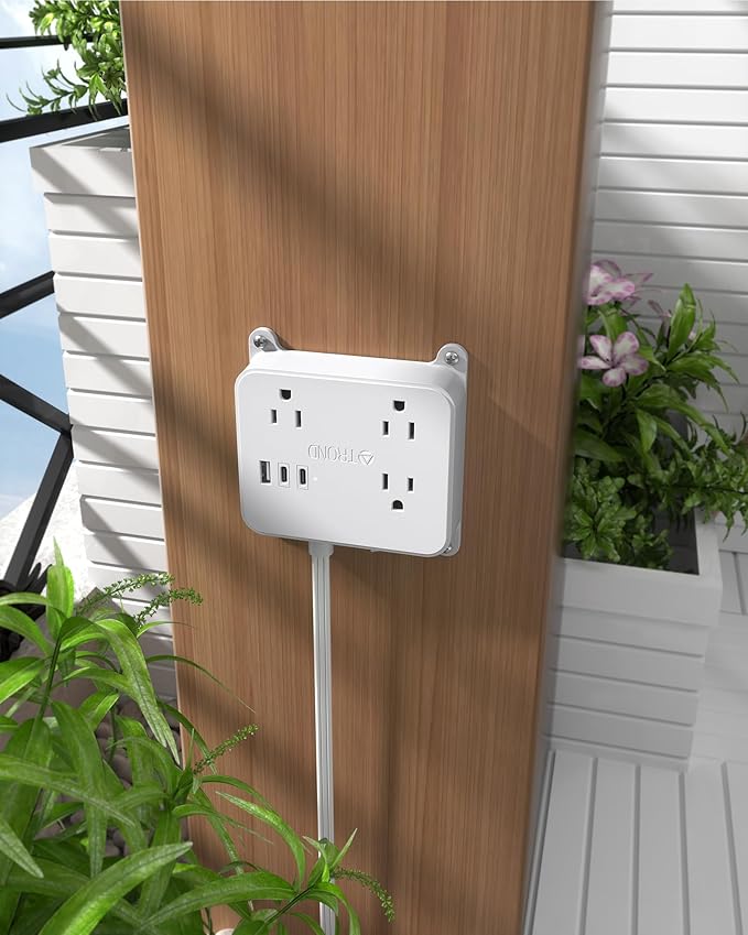 TROND Flat Outlet Cover Extension Cord, 3 AC Widely Spaced with 2 USB C Charger, 5FT Plug Concealer Power Strip, Wall Mount Behind TV, Hidden Under in-Drawer Desk Cabinet Vanity Counter