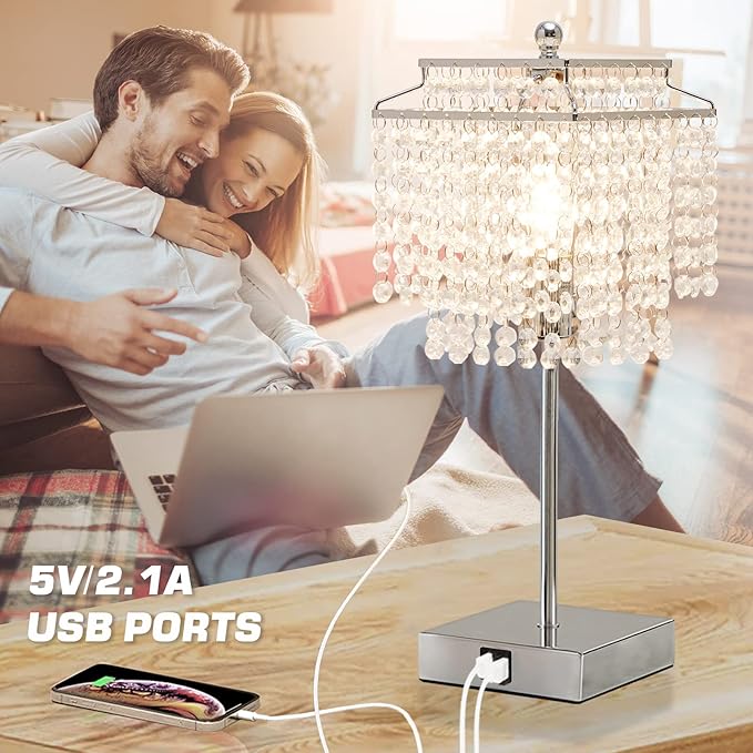 Luvkczc Crystal Table Lamp with Touch Control Set of 2, USB Bedside Table Lamp with USB C+A Ports, Dimmable Lamp with Crystal Shade for Bedroom, Living Room, 6W LED Bulb Included