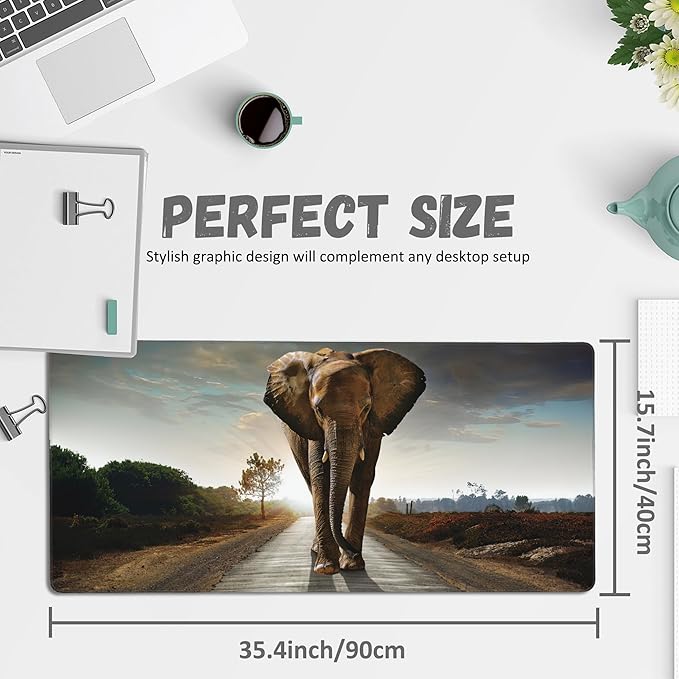 Extended Gaming Mouse Pad Elephant Walking in Road Large Mousepad with Stitched Edges,Anti-Slip Rubber Base Keyboard Mouse Mat Desk Pad for Gaming Home Office 35.4 x 15.7 inches