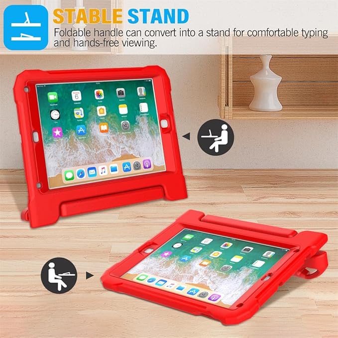 SUPLIK Kids Case for iPad 5th/6th Generation (9.7 inch, 2017/2018), iPad Air 1 & Air 2 & Pro 9.7 Case with Screen Protector, Durable Shockproof Protective Cover with Handle Stand, Red