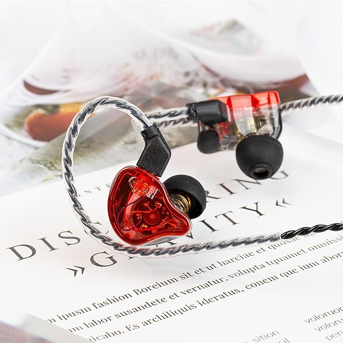 CCZ Melody in ear Headphones, HIFI 1DD 1BA Drivers in Ear Monitors, Wired Earbuds with Crisp Clear Sound Comfortable Ear fins, iem Earphones for Singers Musicians Drummer (Red, without microphone)