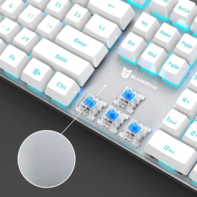 Qisan 104 Mechanical Keyboard for Gaming | Large Size USB White Backlit Gaming Keyboard Wired | US Layout Blue Switches Hot Swappable Mechanical Clicky Keyboards Compatible with PC & Laptop