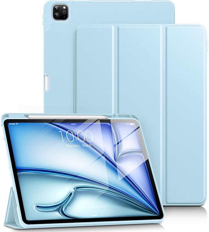DTTO for iPad Air 13 Inch Case M4/M3/M2 2026/2025/2024, iPad Pro 12.9 Inch Case (6th/5th/4th/3rd Gen), Smart Slim Trifold Stand Soft Cover with Pencil Holder, Ice Blue