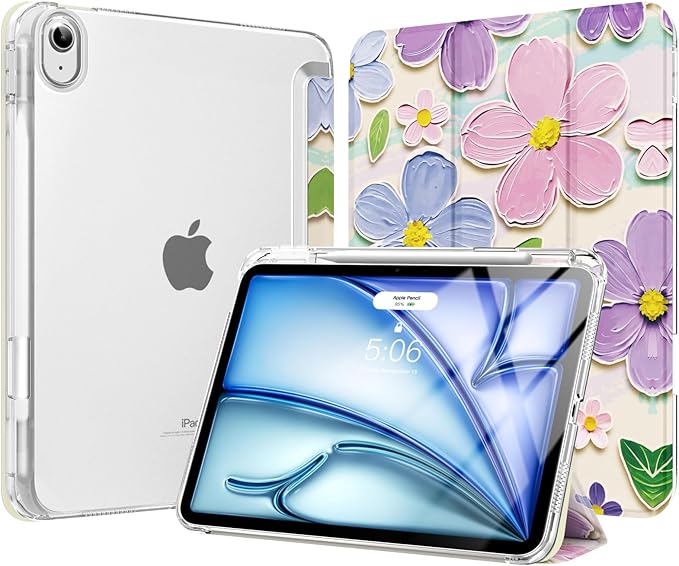 MoKo for iPad Air 11 inch Case (M4/M3/M2) 2026/2025/2024, iPad Air 5th/4th Gen 10.9 inch Case 2022/2020 with Pencil Holder, Slim Trifold Cover with Hard PC Translucent Back Shell, Painting Flower