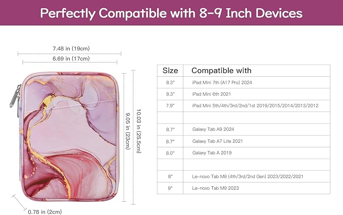Dadanism 8-9 Inch Tablet Sleeve Bag Carrying Case for iPad mini 7th/6th 8.3", iPad mini 7.9", Galaxy Tab A7 Lite/A9 8.7", ‎Remarkable Paper Pro Move 7.3" 2025, Tab M8 8", Tab M9 9", Cloudy Pink