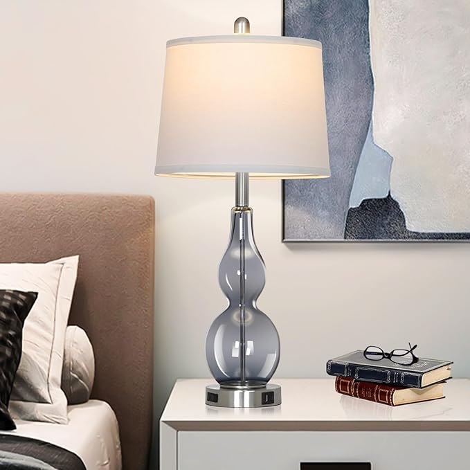 Rinweey 27.5" Gray Clear Glass Table Lamp Set of 2,3-Way Dimmable Touch Control Bedside Lamps with USB Ports and AC Outlet, Modern Nightstand Lamps for Bedroom Living Room