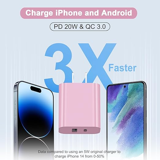 USB C Charger Block, iPhone 16/15 Charger Block [3 Pack] 20W Dual Port QC+PD 3.0 Power Adapter Multiport USB A Fast Charging Plug for Apple iPhone 16/16 Pro/16 Pro Max/16 Plus/15/14/13/12/11/iPad-Pink