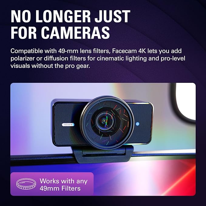 Elgato Facecam 4K - 4K60 Studio Webcam, DSLR-Like Control, Cinematic Effects, 49mm Lens Filters, HDR, Uncompressed Video, Optimized Focus Area | USB-C for PC & Mac