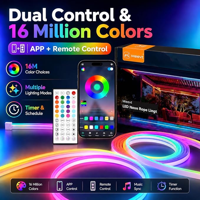 Neon Rope Light, 49.2Ft Flexible RGB Rope Lights, LED Rope Lights Control with App/Remote Multiple Modes,DIY Design, LED Lights for Bedroom Room Outdoors Decor