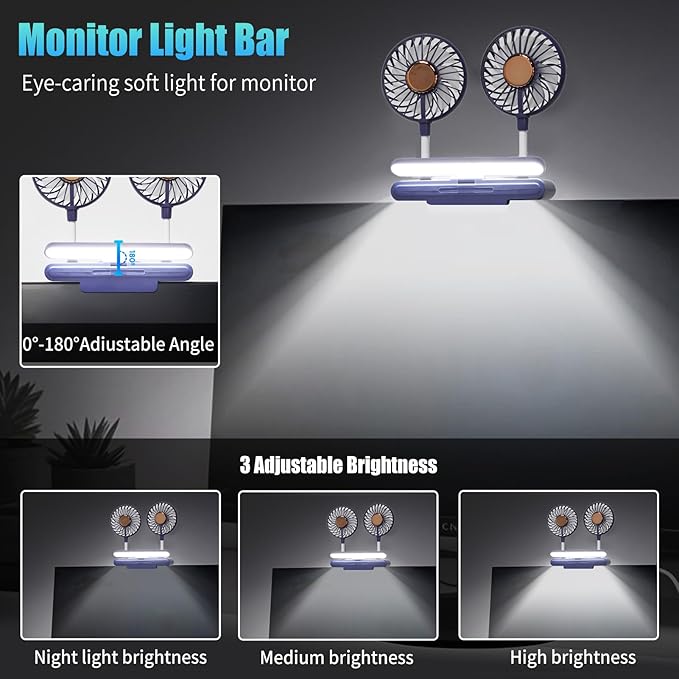 Desktop Fan with LED Lights, Monitor Clip on Fan with 2 Rotatable Heads, 3 Speeds Office Desk Fans Small Quiet Sturdy Adjustable Clamp, Strong Wind Personal Cooling Fans for Laptop, Desktop.