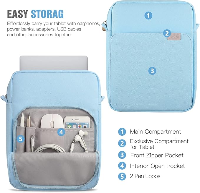 TiMOVO 9-11 Inch Tablet Sleeve Bag with Shoulder Strap for iPad 11-inch A16 2025, iPad 10th Gen. 10.9"/10.2", Galaxy Tab A9+/A11Plus 11", Light Blue