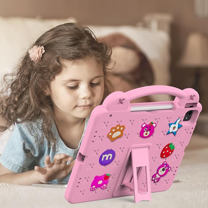 Cute Kids Case for Apple iPad Air 13" M4 M3 M2 2026 2025 2024/ iPad Pro 13 2025 2024/ Pro 12.9 2022/2021/2020/2018, DIY Figures Kickstand EVA Handle Case with Shoulder Strap Shockproof Cover,Pink