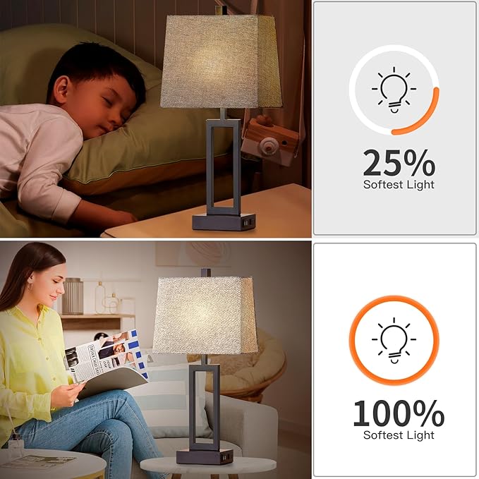 Rinweey 23.5" Touch Control Table Lamps Set of 2, Modern Bedside Lamps with USB A+C Ports & AC Outlet, 3 Way Dimmable Contemporary Nightstand Lamps for Bedroom Living Room Gray(LED Bulb Included)