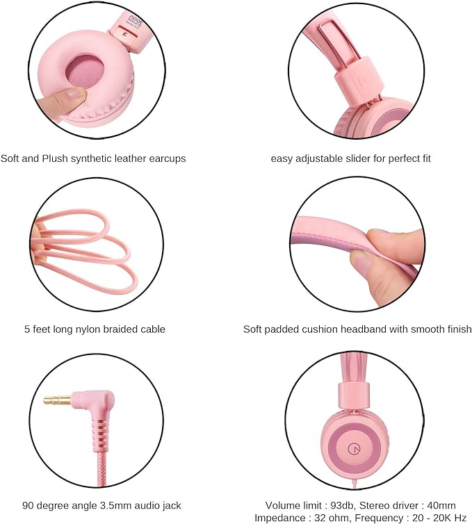 noot products Kids Headphones K11 Foldable Stereo Tangle-Free 5ft Long Cord 3.5mm Jack Plug in Wired On-Ear Headset for iPad/Girls/Boys/School/Laptop/Travel/Plane/Tablet-Soft Pink