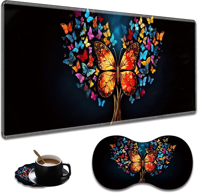 Extended Non-Slip Mouse Pad + Mouse Wrist Rest + Lace-Shaped Coaster Set, Ergonomic Design, Suitable for Desk and Home Gaming Table Mat, Colorful Tree Butterfly