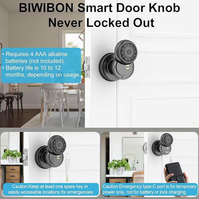 BIWIBON 4-in-1 Smart Door Knob, Fingerprint Door Knob with App Control, Smart Fingerprint Door Lock with Keypad, Real Privacy Mode, Auto Lock, Ideal for Home, Bedroom, Garages &Office, Black,1 Pack