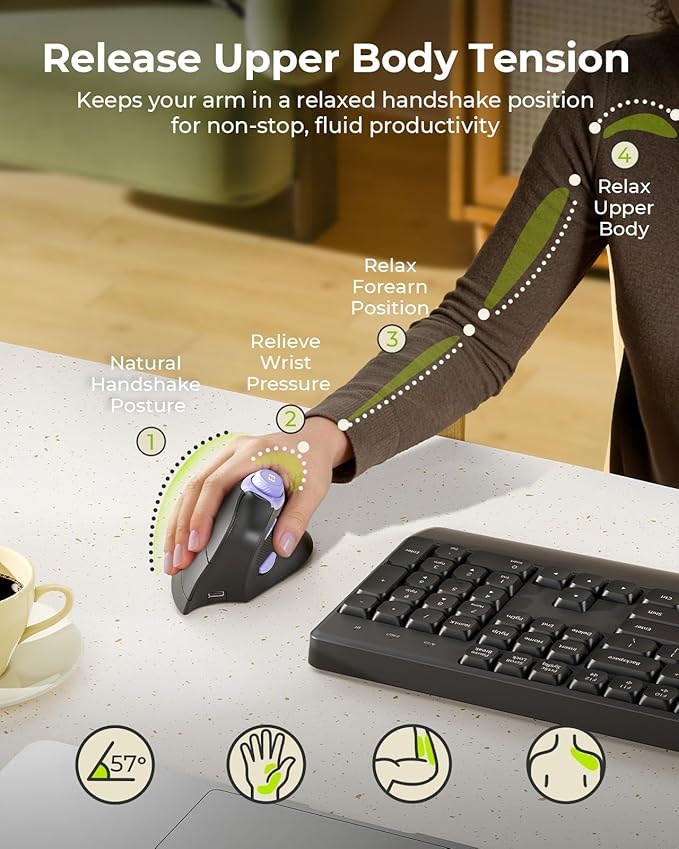 seenda Ergonomic Mouse Wireless, MOU-302 Bluetooth Vertical Mouse Rechargeable, Volume Knob, Silent Mice & 1000/1600/2400 DPI, 3 Multi-Device Connection for Windows/PC/Laptop/Mac/MacBook, Black Purple