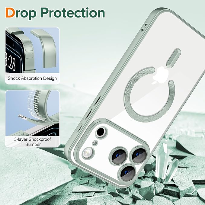 Hython Magnetic Clear for iPhone 17 Pro Max Case with Camera Lens Protector [Compatible with MagSafe] Plating Edge Slim Soft TPU Cover Protective Phone Case for iPhone 17 Pro Max 6.9", Matte Mint