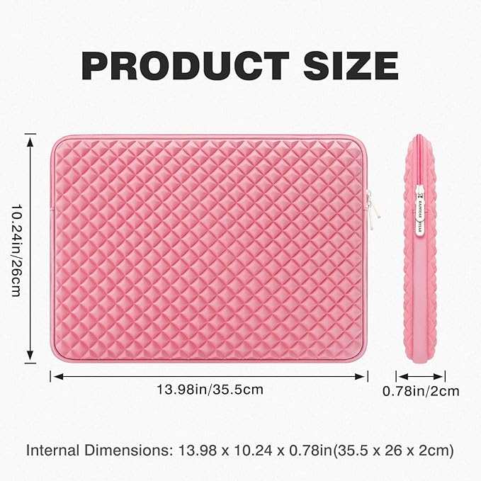 RAINYEAR 14 Inch Laptop Sleeve Diamond Foam Shock Resistant Neoprene Padded Case Fluffy Lining Zipper Cover Carrying Bag Compatible with 14" Notebook Computer Tablet Chromebook (Pink)