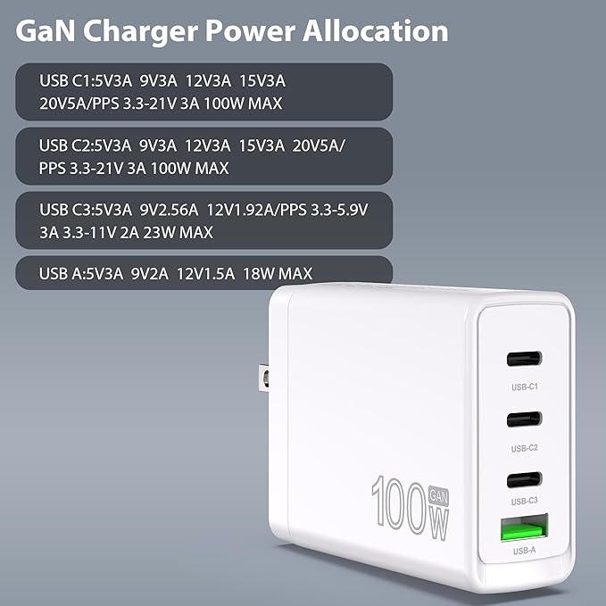 100W USB C Charger Block 4 Port Type C Charging GaN USB C Charger Compatible with MacBook Pro/Air iPad iPhone16/15/14/13 Pro Max Lenovo Hp Dell Asus Acer Galaxy S24/S23 Fast Wall Power Adapter