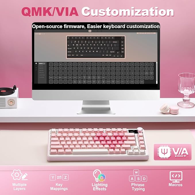 YUNZII B75 PRO MAX QMK/VIA Wireless Mechanical Keyboard,75% Layout with Screen and Knob,Custom Hot Swap Gasket,Creamy Pre-lubed Switches,Bluetooth/Type-C/2.4G for Win/Mac (Pink Heart,Milk V2 Switch)