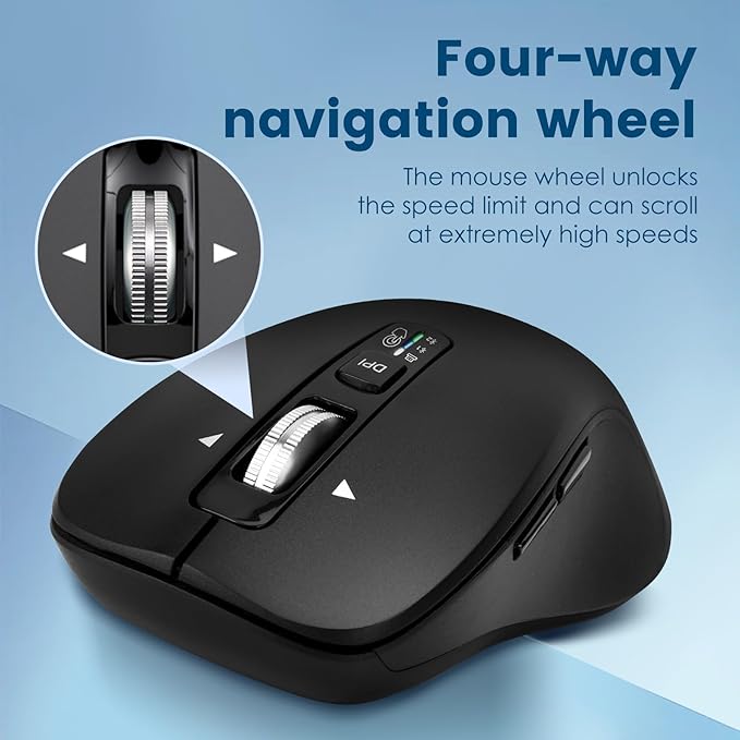 CITLLA Wireless Bluetooth Mouse (USB + BT1 + BT2), Full Size, 4-Way Scrolling, Multi-Device Silent Mouse for Computer, Laptop, iPad, MacBook (Black)