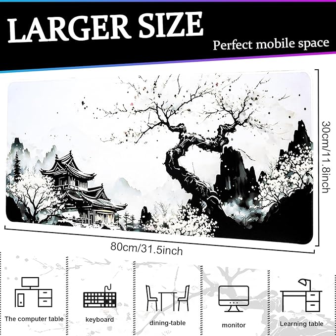 Mouse Pad Gaming Mousepad, 31.5 x 11.8in Large Desk Mat Keyboard Pads Extend Long XL Mouse Mat with Non-Slip Base Desk Accessories for Home Office Keyboard Mouse (Cherry Blossom)
