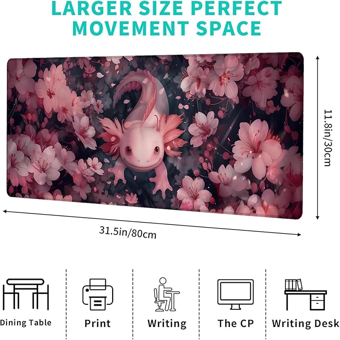 Cute Axolotl Gaming Mouse Pad – 12x31.5in Large Extended Desk Mat with Adorable Pink Salamander Design – Non-Slip Rubber Mousepad for Office Home – Deskmat Gifts for Ocean Lovers Decor