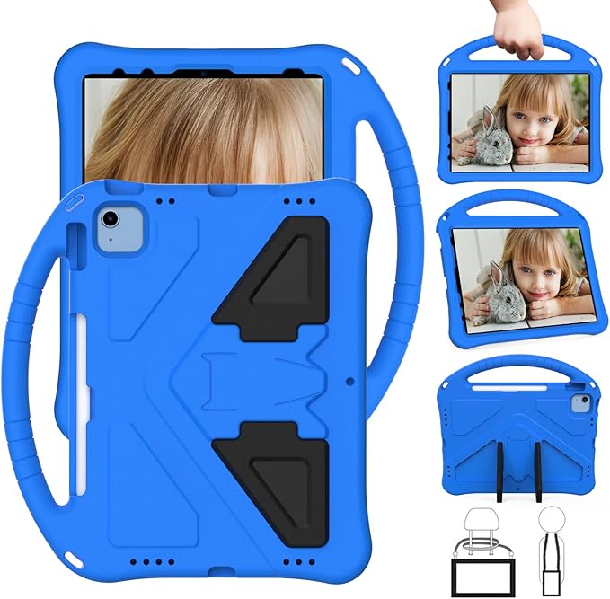 Shockproof Case for Apple iPad A16 11 Inch 2025 11th Gen/iPad 10th Generation 2025 10.9", with Shoulder Strap Soft EVA Handle Design Foldable Kickstand Kids Friendly Cover for Girls Boys, Blue