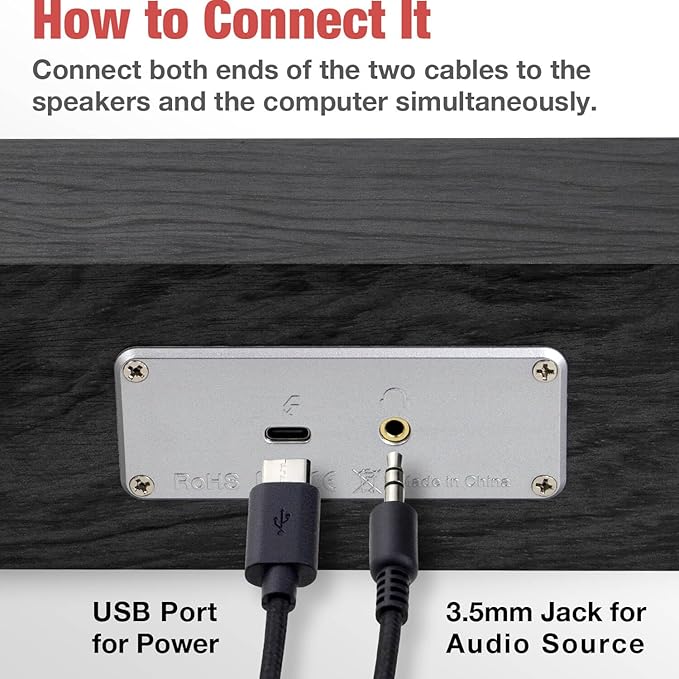 MICA Computer Speakers, Vintage Wired Computer Sound Bar, Retro Wooden Mini Soundbar, USB Powered PC Speakers for Desktop Monitor, Laptop, Tablet, 3.5mm Aux Connection, Angled (Gray)