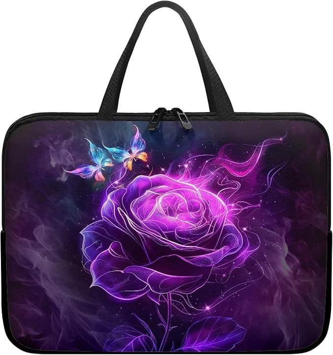 Purple Rose Butterfly Laptop Sleeve 10 Inch, Laptop Tote Bag for Women Girls, Waterproof Computer Tablet Handbag Case with Handle, Carrying Case Laptop Cover for Travel/Business/School