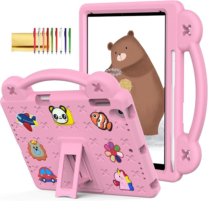 Dteck Kids Case for iPad 9.7 Inch 6th/5th Gen 2018/2017 & iPad Air 2/1 & iPad Pro 9.7 2016,Cartoon Panda Shockproof Rugged Lightweight Pencil Holder Convertible Handles Stand Kids Friendly Case,Pink