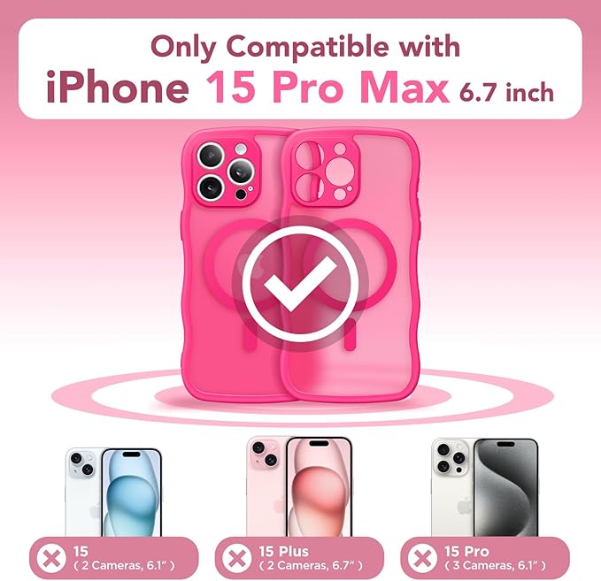 CAPRARO Cute for iPhone 15 Pro Max Case, Compatible with MagSafe, [Curly Wave Edge] [Full Camera Protection] [14 FT Drop Protection] Magnetic Phone Case for 15 Pro Max 6.7 Inch, Hot Pink