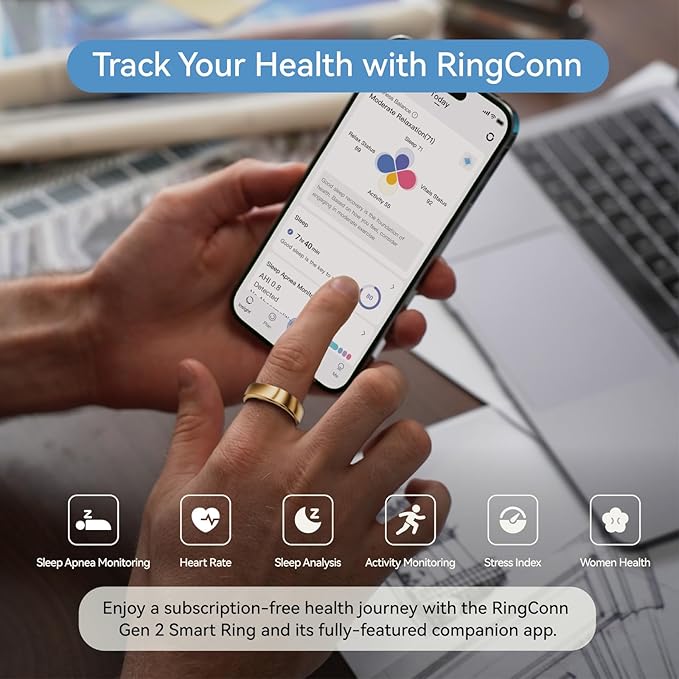 RingConn Gen 2, World’s First Smart Ring with Sleep Apnea Monitoring, No APP Subscription, 12-Day Battery Life, Stress/Heart Rate/Women's Health Tracker, Android & iOS Compatible (Rose Gold, Size 14)