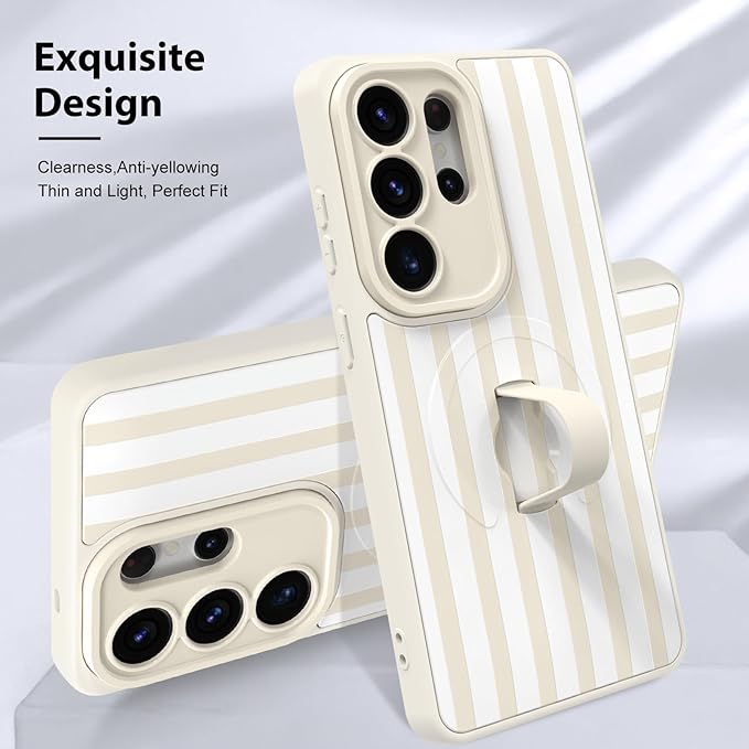 KANGHAR Compatible with Samsung Galaxy S26 Ultra Case, Support for MagSafe, Silicone Stripes Cute Pattern, Wristband Kickstand Camera Protection Soft Slim Cover for Girls Women -White