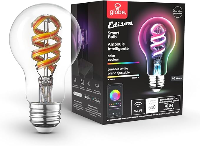 Globe Electric 35850 Wi-Fi Smart 7W (40W Equivalent) Spiral Filament Multicolor Changing LED Light Bulb, No Hub Required, Voice Activated, 2000K - 5000K, A19 Shape, E26 Base, Vintage Edison