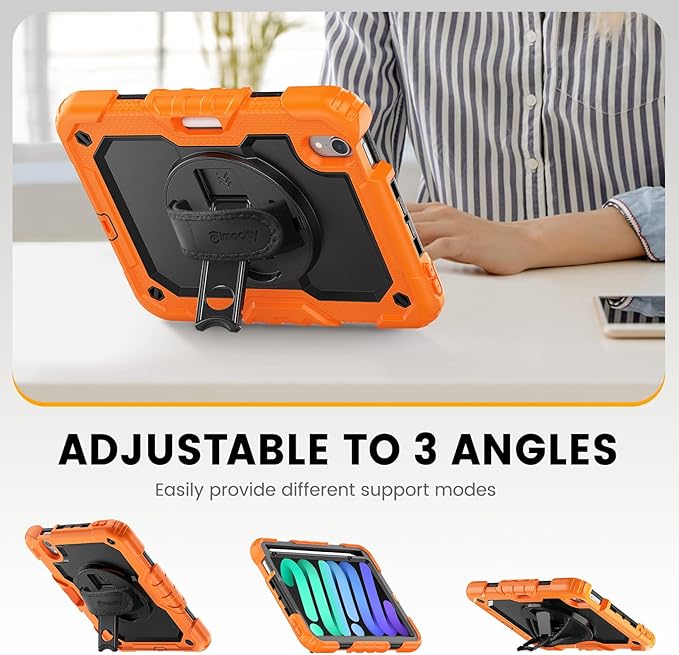 Timecity Case for iPad mini 7th/6th Generation 2024/2021 8.3 inch, Full-Body Protective for iPad mini 7/ Mini 6 Case with Screen Protector Pencil Holder Swivel Stand Hand/Shoulder Strap- Orange